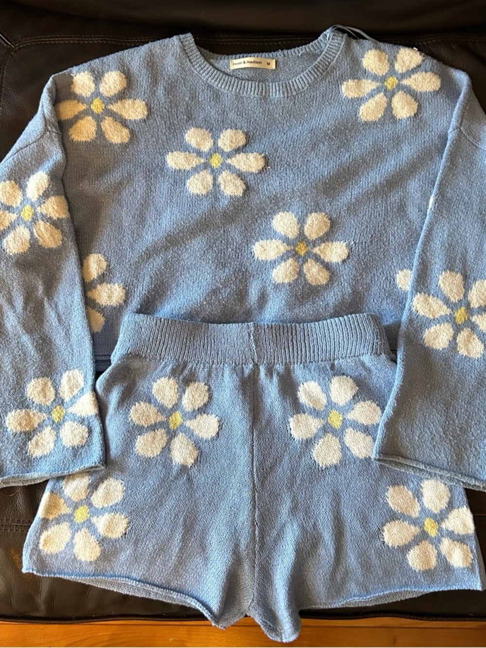 Moon & Madison Blue Floral Knit Sweater + Shorts Set